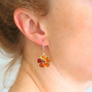 Baltic Amber Flower Earrings in Sterling Silver